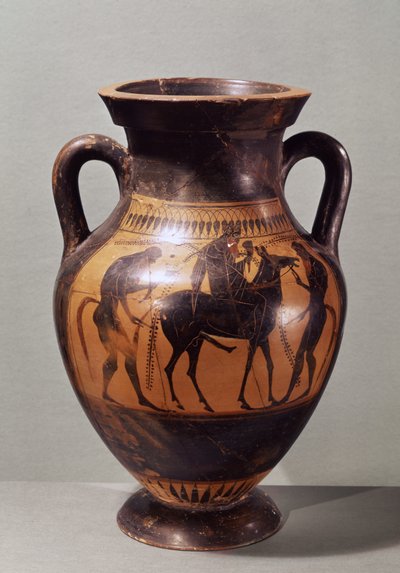 Attische schwarze Figur Amphora, die Dionysos auf einem Maultier und zwei Silenen darstellt, ca. 510 v. Chr. von Greek